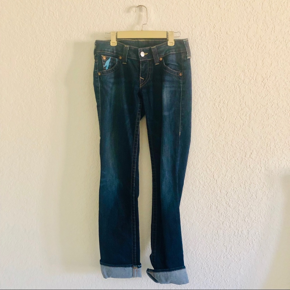 True Religion Dark Wash Jeans w/ Bright Blue Logo!